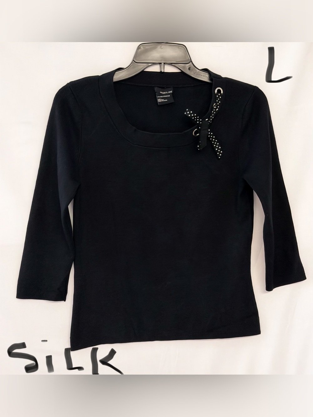 Black Scoop Neck Long Sleeve Top with Studded Bow Accent